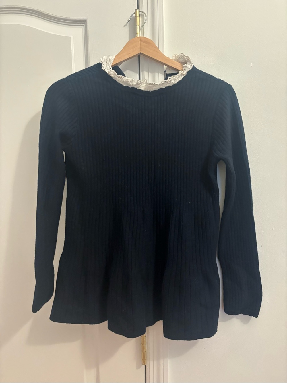 Sezane Black Ribbed Crewneck Sweater with Cream Lace Trim